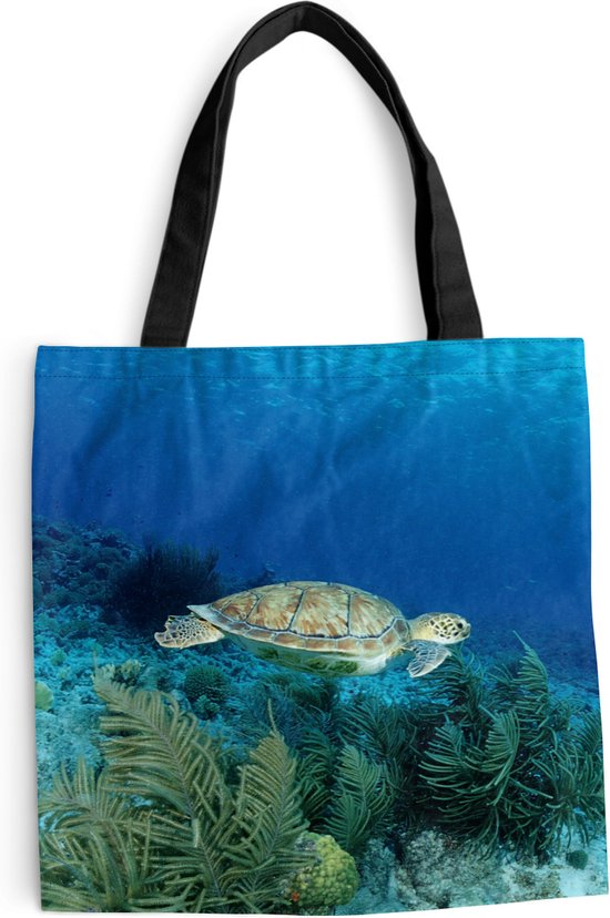 MuchoWow® Schoudertas - Strandtas - Big Shopper - Boodschappentas - Groene zeeschildpad op Bonaire - 40x40 cm - Katoenen tas