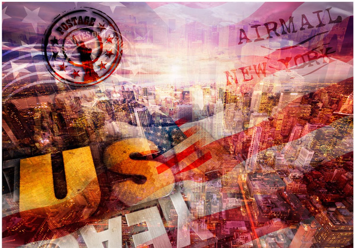 Fotobehangkoning - Behang - Vliesbehang - Fotobehang New York Ansichtkaart - patriotic theme - 400 x 280 cm