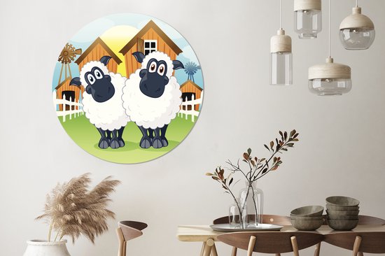 Une illustration de deux moutons devant une ferme. Cercle mural en aluminium ⌀ 140 cm