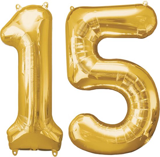 Versiering 15 Jaar Ballon Cijfer 15 Verjaardag Versiering Folie Helium Ballonnen Feest Versiering XL Formaat Goud - 86Cm