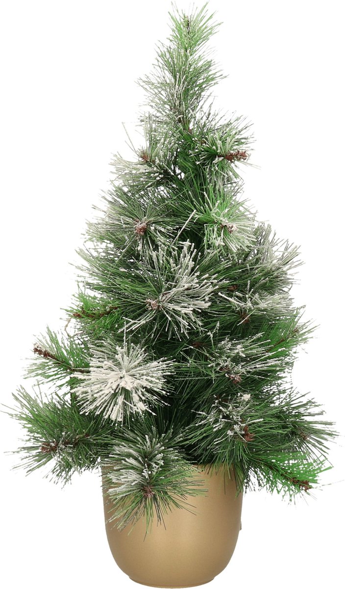 Everlands Kerstboom - kleine kunstkerstboom met sneeuw - H60 cm - metalen pot goud