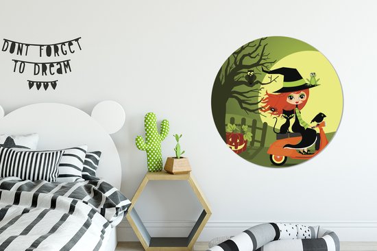 Illustration d'une sorcière sur un mur Vespa cercle aluminium ⌀ 90 cm - tirage photo sur cercle mural / cercle vivant / cercle jardin (décoration murale)
