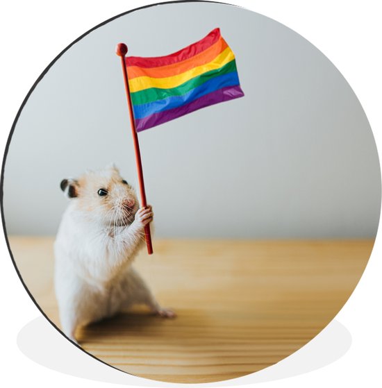 WallCircle - Wandcirkel - Muurcirkel - Hamster met een regenboog vlag - Aluminium - Dibond - ⌀ 120 cm - Binnen en Buiten XXL
