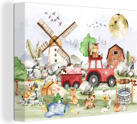 Canvas - Kinderen - Kinderkamer - Boerderij - Trekker - Molen - Dieren - Canvas schilderij - Schilderijen op canvas - 120x90 cm