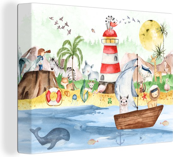 Canvas - Kinderkamer - Kind - Vuurtoren - Strand - Zee - Dieren - Boot - Canvas schilderij - Canvas doek - 160x120 cm