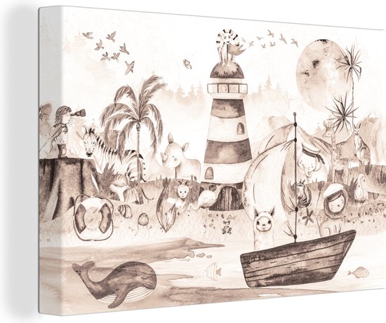Canvas kind - Dieren - Vuurtoren - Strand - Boot - Vogels - Schilderij voor kinderen - Muurdecoratie kinderkamer - Wanddecoratie - 120x80 cm