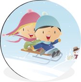 WallCircle - Wandcirkel - Muurcirkel - Een illustratie van twee kinderen op een slee in de sneeuw - Aluminium - Dibond - ⌀ 90 cm - Binnen en Buiten