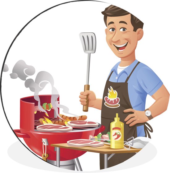 WallCircle - Wandcirkel - Muurcirkel - Een illustratie van een man die het eten bakt op de barbecue - Aluminium - Dibond - ⌀ 60 cm - Binnen en Buiten