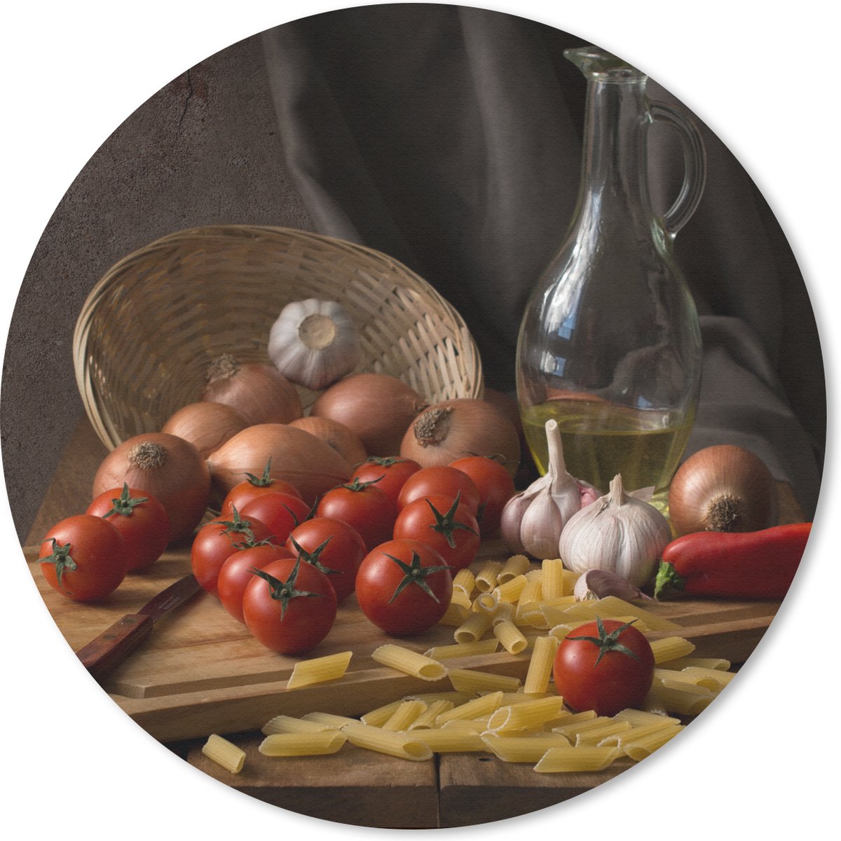 Muismat rond 50x50 cm - Mousepad Snijplank - Groente - Stilleven - Pasta - Uit - Tomaat - Snijplank - Ronde muismatten