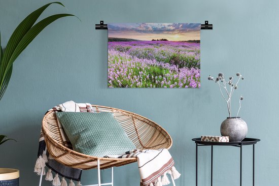 Tapisserie Champs de lavande - Champ de Lavande avec un ciel de feu Tapisserie coton 60x40 cm - Tapisserie avec photo