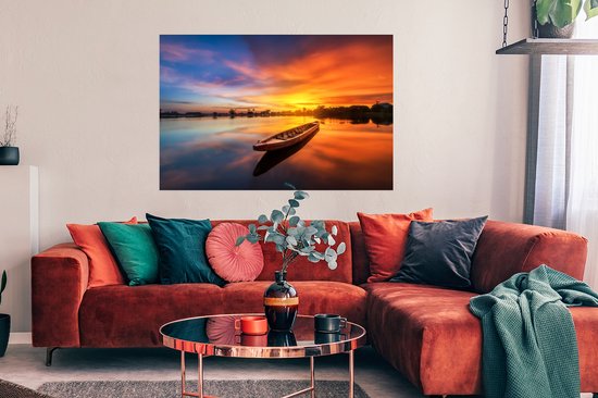Poster Bateau - Water - Coucher de soleil - Oranje - Water - 120x90 cm - Décorations de Noël - Décoration de Noël pour intérieur - Noël