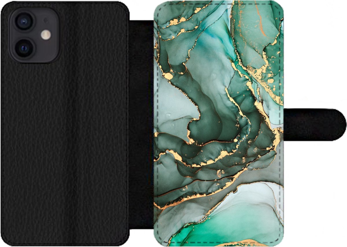 Telefoonhoesje Geschikt voor iPhone 12 telefoonhoesje - Goud - Marmer print - Groen - Luxe - Marmer printlook - Grijs - Met vakjes - Wallet case met magneetsluiting