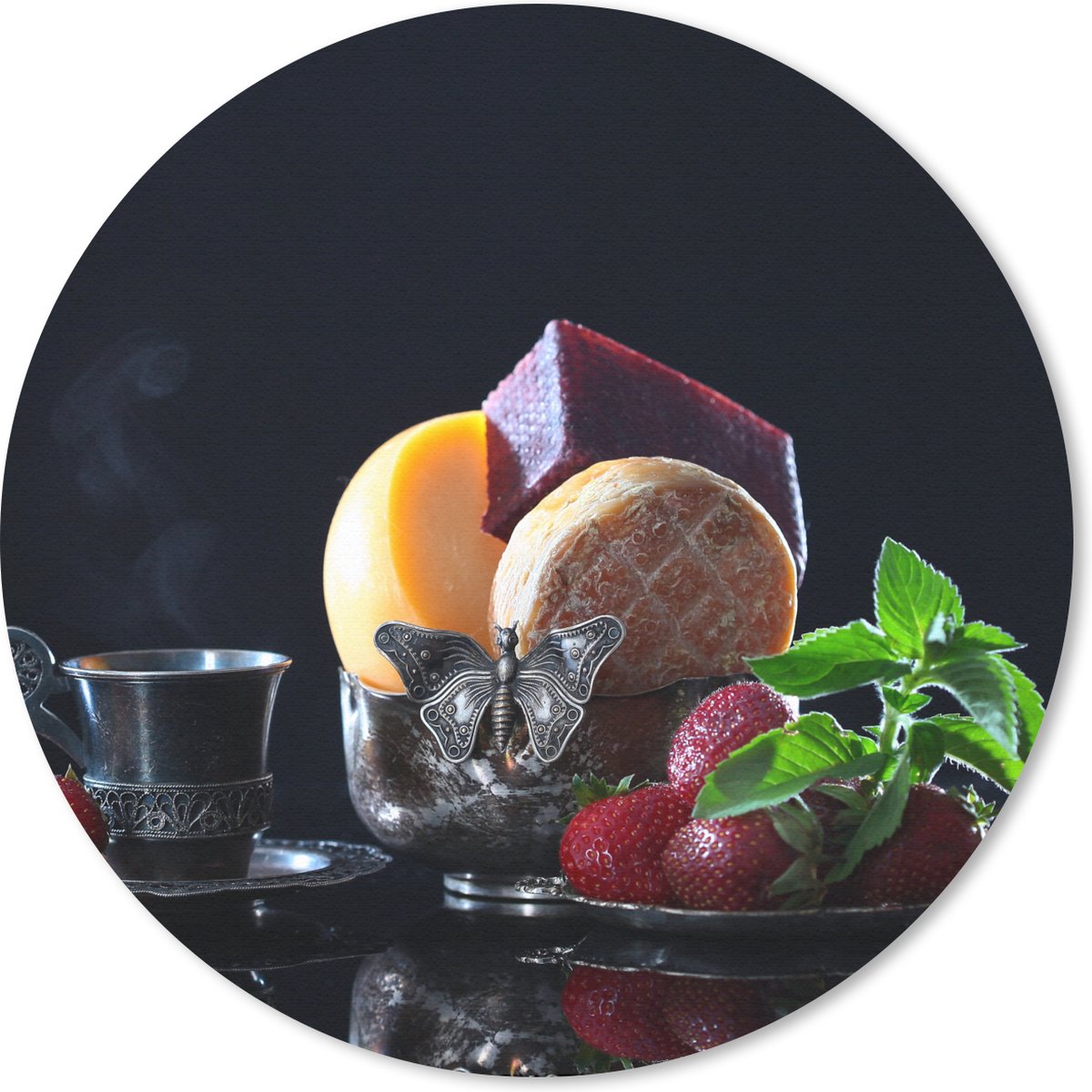 Muismat rond 20x20 cm - Mousepad Rustiek - Fruit - Kaas - Tafel - Stilleven - Ronde muismatten