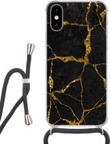 Hoesje met koord Geschikt voor iPhone XS - Marmer print - Goud - Zwart - Marmer printlook - Glitter - Siliconen - Crossbody - Backcover met Koord - Telefoonhoesje met koord - Hoesje met touw