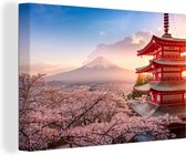 Canvas schilderij - Pagode - Japan - Sakura - Fuji - Landschap - Canvas doek - Schilderijen op canvas - 140x90 cm - Wanddecoratie - Woonkamer
