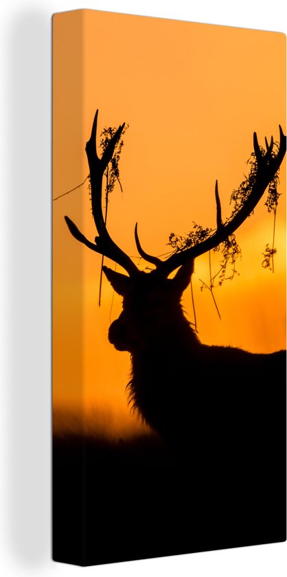 Canvas Schilderij Hert - Oranje - Silhouet - Dieren - Natuur - 40x80 cm - Wanddecoratie