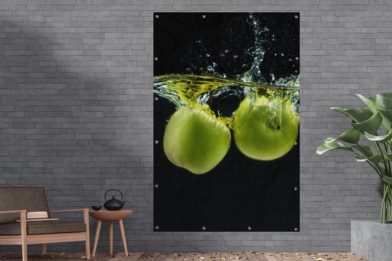 Muurdecoratie Appels - Fruit - Water - Zwart - Groen - 120x180 cm - Tuinposter - Tuindoek - Buitenposter