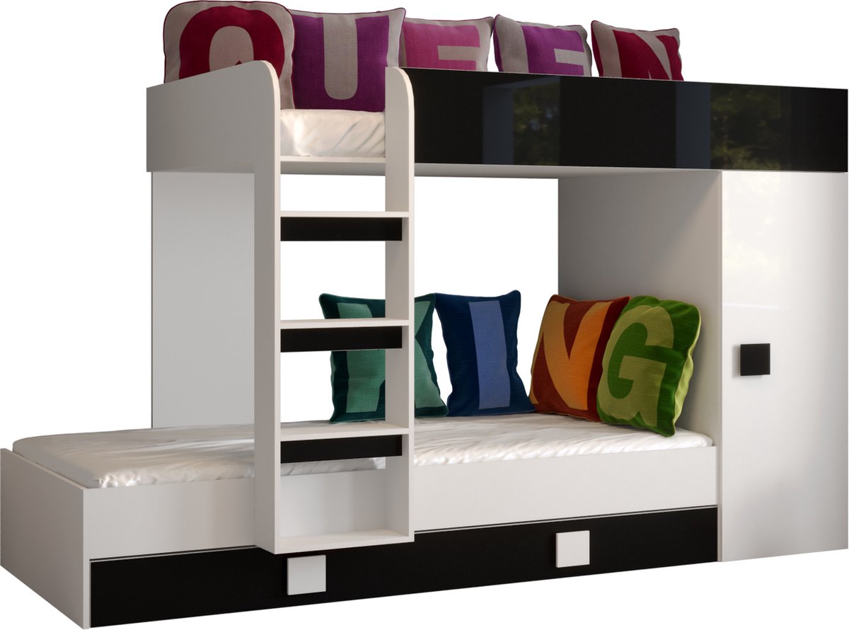 Stapelbed LEDO 2 - Antresola - 90X200 cm - naar de Kinderkamer - Wit + Zwarte (met Matras)