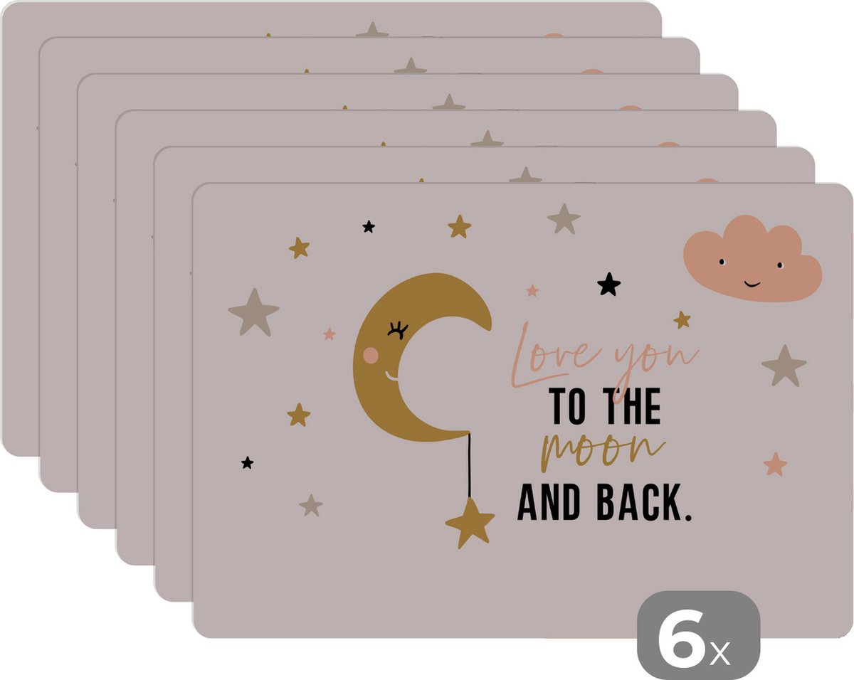 Placemat kinderen - Placemat - Placemats kunststof - Quotes - Kinderen - Love you to the moon and back - Spreuken - Kids - Baby - Meisje - 45x30 cm - 6 stuks - Hittebestendig - Anti-Slip - Onderlegger - Afneembaar