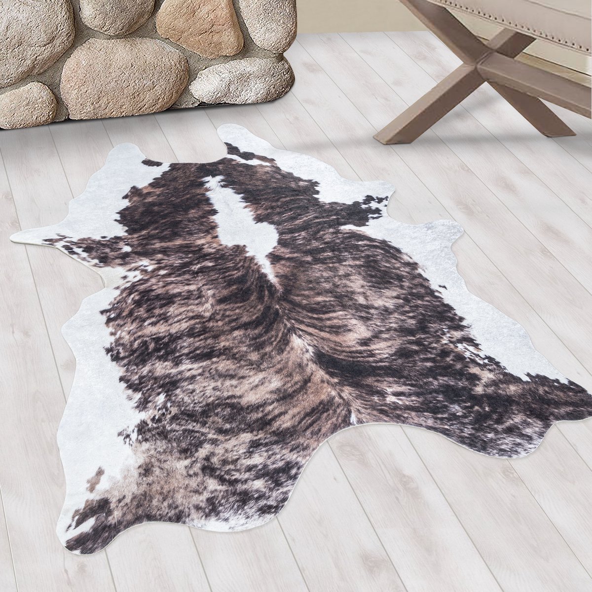 Wasbaar vloerkleed, imitatie koeienhuid, bruin, woonkamerkleed, suède achterkant, afmeting: 100 cm x 135 cm