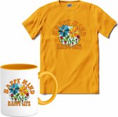 Flower Power - Happy Mind Happy Life - Vintage Aesthetic - T-Shirt met mok - Meisjes - Geel - Maat 12 jaar