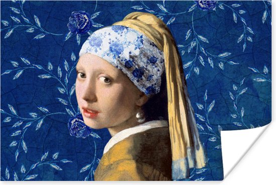Poster Meisje met de parel - Delfts blauw - Vermeer - Bloemen
