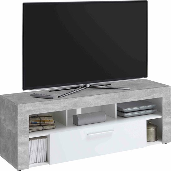 TV-meubel Enrico Beton Wit - Breedte 150 cm - Hoogte 53 cm - Diepte 41.4 cm - Met lades - Met planken - Zonder deuren