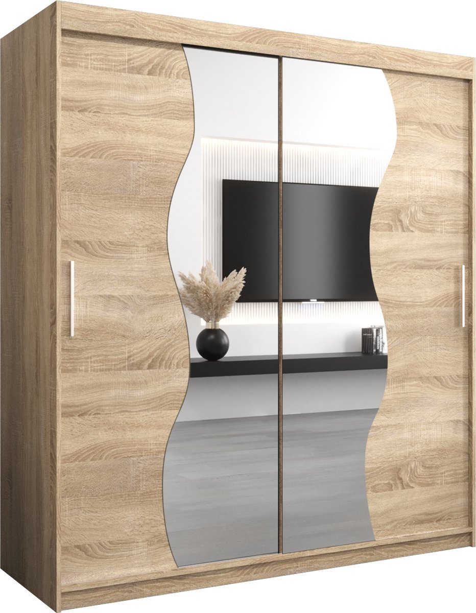 InspireMe - Kledingkast met 2 schuifdeuren, Modern-stijl, Kledingkast met planken (BxHxD): 180x200x62 - MARDUK 180 Sonoma Eik