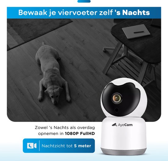 AyeCam Huisdiercamera - Met App - Incl. 32GB SD - WiFi - Beweeg & Geluidsdetectie - Beveiligingscamera - Hondencamera - AyeCam
