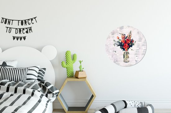 WallCircle - Muurstickers - Behangcirkel - Vaas - Bloemen - Krant - ⌀ 30 cm - Muurcirkel - Zelfklevend - Ronde Behangsticker