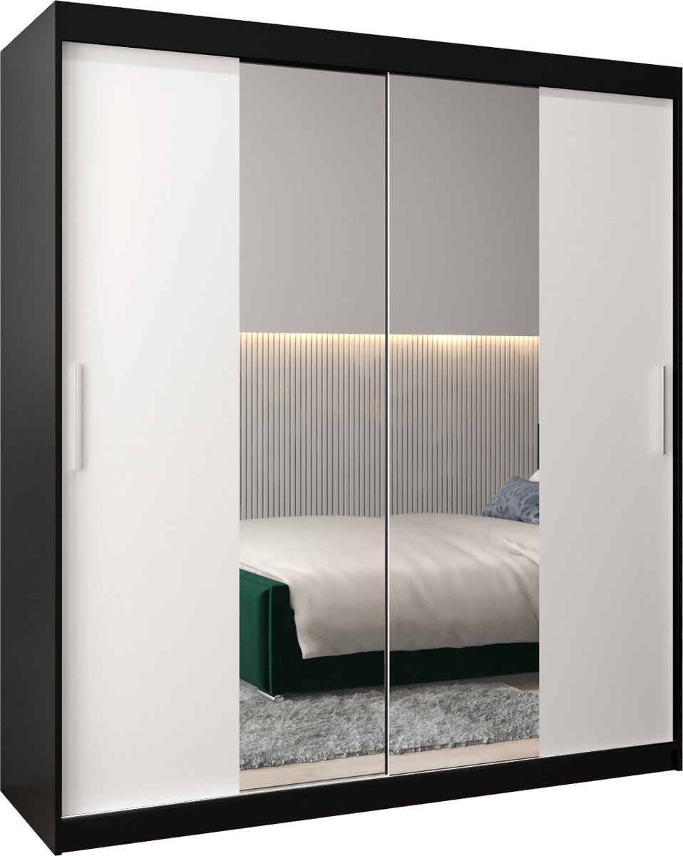 InspireME Kledingkast met 2 schuifdeuren, Modern-stijl, Kledingkast met planken (BxHxD): 180x200x62 - TORM I 180 Zwart Mat + Wit Mat met 4 lades