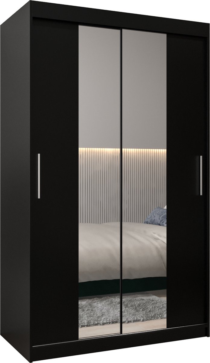 InspireME Kledingkast met 2 schuifdeuren, Modern-stijl, Kledingkast met planken (BxHxD): 120x200x62 - TORM I 120 Zwart Mat met 2 lades