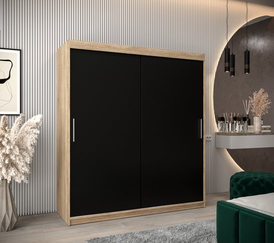 InspireMe - Armoire avec 2 portes coulissantes, Style moderne, Armoire avec étagères (LxHxP): 180x200x62 - TORM 180 Chêne Sonoma + Zwart Mat