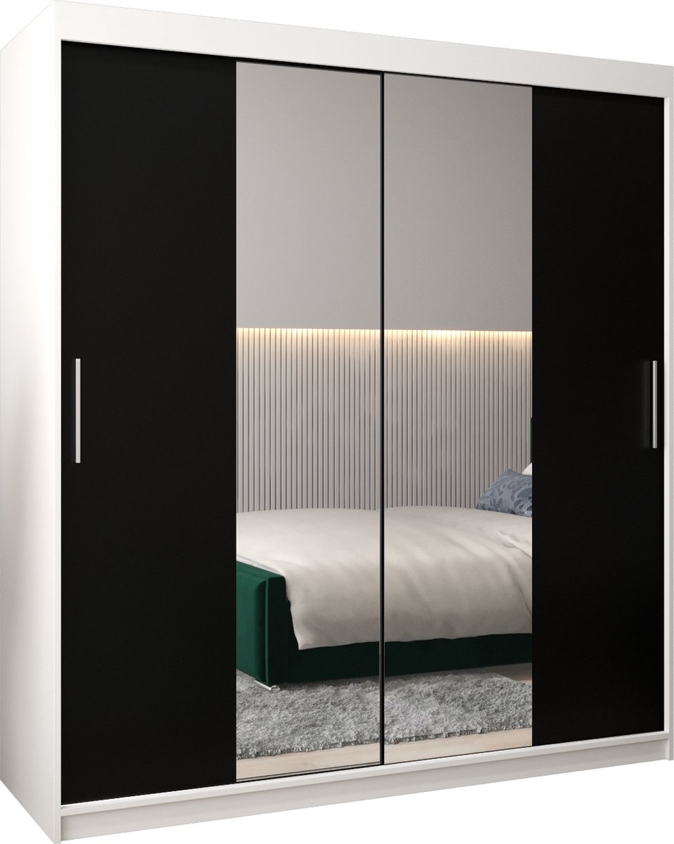 InspireME Kledingkast met 2 schuifdeuren, Modern-stijl, Kledingkast met planken (BxHxD): 180x200x62 - TORM I 180 Wit Mat + Zwart