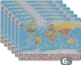 Placemat kinderen - Placemat - Placemats kunststof - Wereld - Kaart - Kleuren - Vlag - 45x30 cm - 6 stuks - Hittebestendig - Anti-Slip - Onderlegger - Afneembaar