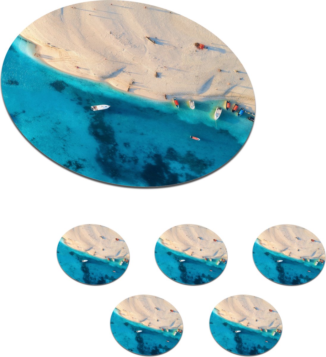 Onderzetters voor glazen - Rond - Strand - Boot - Kleuren - 10x10 cm - Glasonderzetters - 6 stuks