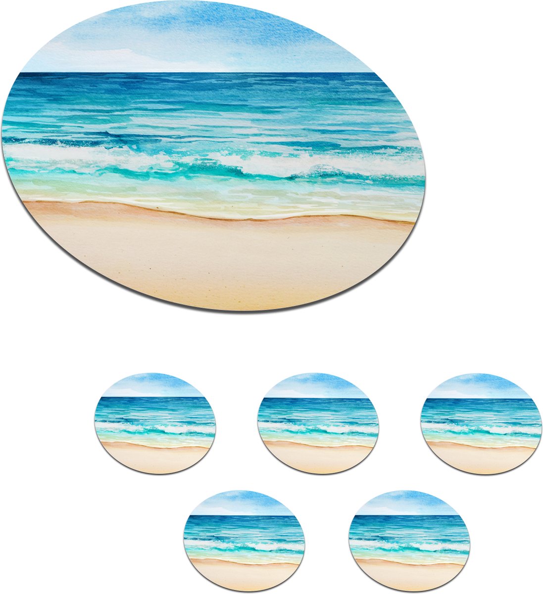 Onderzetters voor glazen - Rond - Strand - Zee - Golf - 10x10 cm - Glasonderzetters - 6 stuks