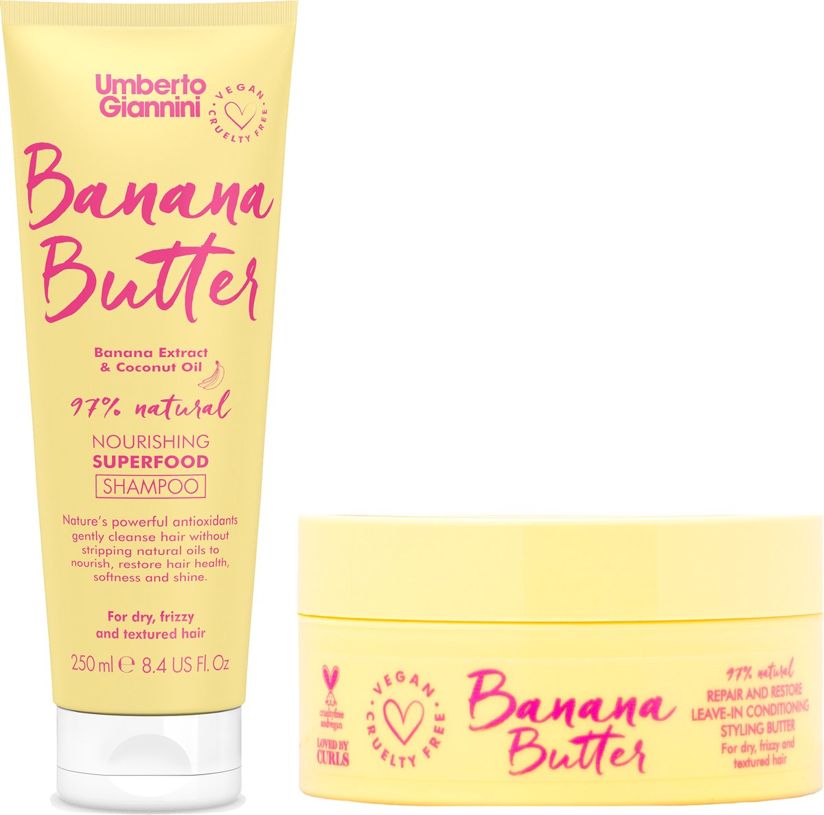 Umberto Giannini Banana Butter - Haarverzorgingsset - Shampoo & Leave-In Conditioner - Voor Droog en Pluizig Haar - Voedend & Herstellend