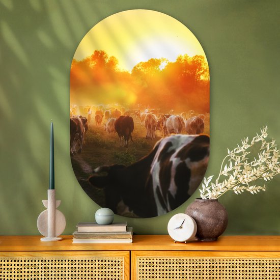 Ovale Mural - Ovale Mural - Décoration murale Plastique - Peinture Ovale - Vaches - Coucher de Soleil - Pâturage - Animaux - 80x120 cm - Forme Miroir Ovale sur Plastique