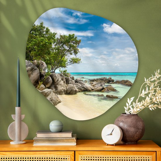 Décoration murale bio - Décoration murale en plastique - Tableau bio - Plage - Pierres - Mer - Eté - 90x90 cm - Forme miroir bio sur plastique