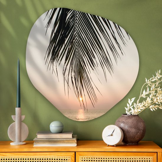Organische wanddecoratie 90x90 cm - Organisch schilderij Palmblad - Zon - Zomer - Strand - Muurdecoratie woonkamer - Kamer decoratie - Schilderijen - Muurcirkel aesthetic