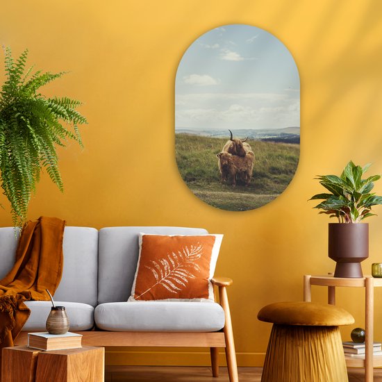 Wall Oval - Décoration murale en plastique - Peinture ovale - Highlanders écossais - Herbe - Nuages - Animaux - 60x90 cm - Forme miroir ovale sur plastique