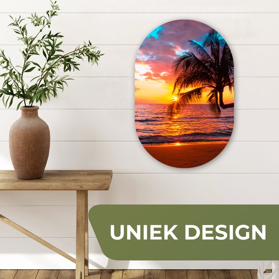 Ovale mural - Décoration murale plastique - Tableau ovale - Palmier - Coucher de soleil - Plage - Mer - Horizon - 40x60 cm - Forme miroir ovale sur plastique