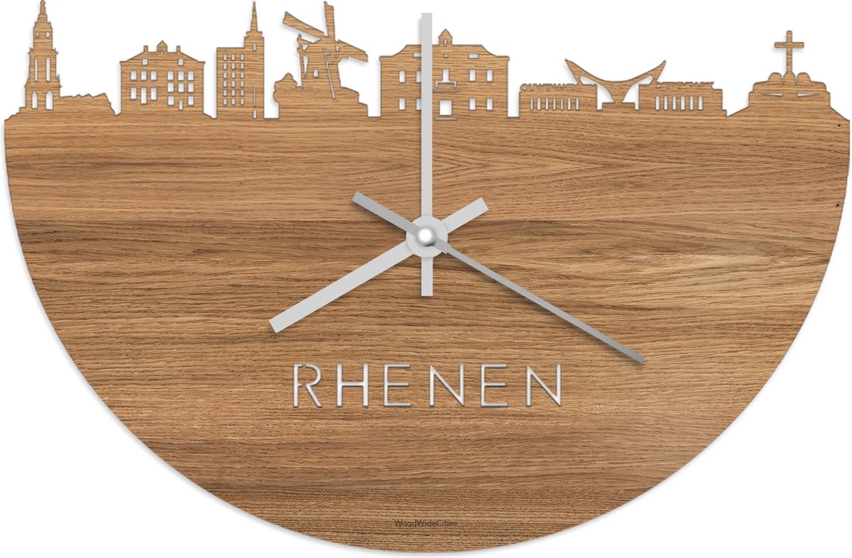 Skyline Klok Rhenen Eikenhout - Ø 40 cm - Stil uurwerk - Wanddecoratie - Meer steden beschikbaar - Woonkamer idee - Woondecoratie - City Art - Steden kunst - Cadeau voor hem - Cadeau voor haar - Jubileum - Trouwerij - Housewarming - WoodWideCities