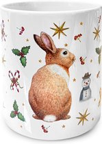 World of Mies kerstmok konijn keramiek - Roodborstje konijn muisje kerstdecoraties - Kerstbeker - 300 ml - Handgeschilderd design door Mies