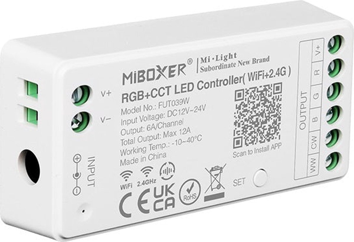 Mi-Light Mi-Boxer - (FUT039W) - RGB+CCT LED controller (WiFi) - Voor besturing van een RGB+CCT LED strip - Bediening via app zonder tussenkomst van WL-BOX1 - Ook te bedienen met Mi-Boxer afstandsbediening, niet inbegrepen