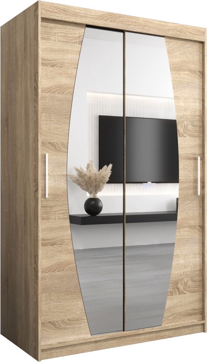 InspireME Kledingkast met 2 schuifdeuren, Modern-stijl, Een kledingkast met planken en een spiegel (BxHxD): 120x200x62 - GLOBE 120 Sonoma Eik met 2 lades