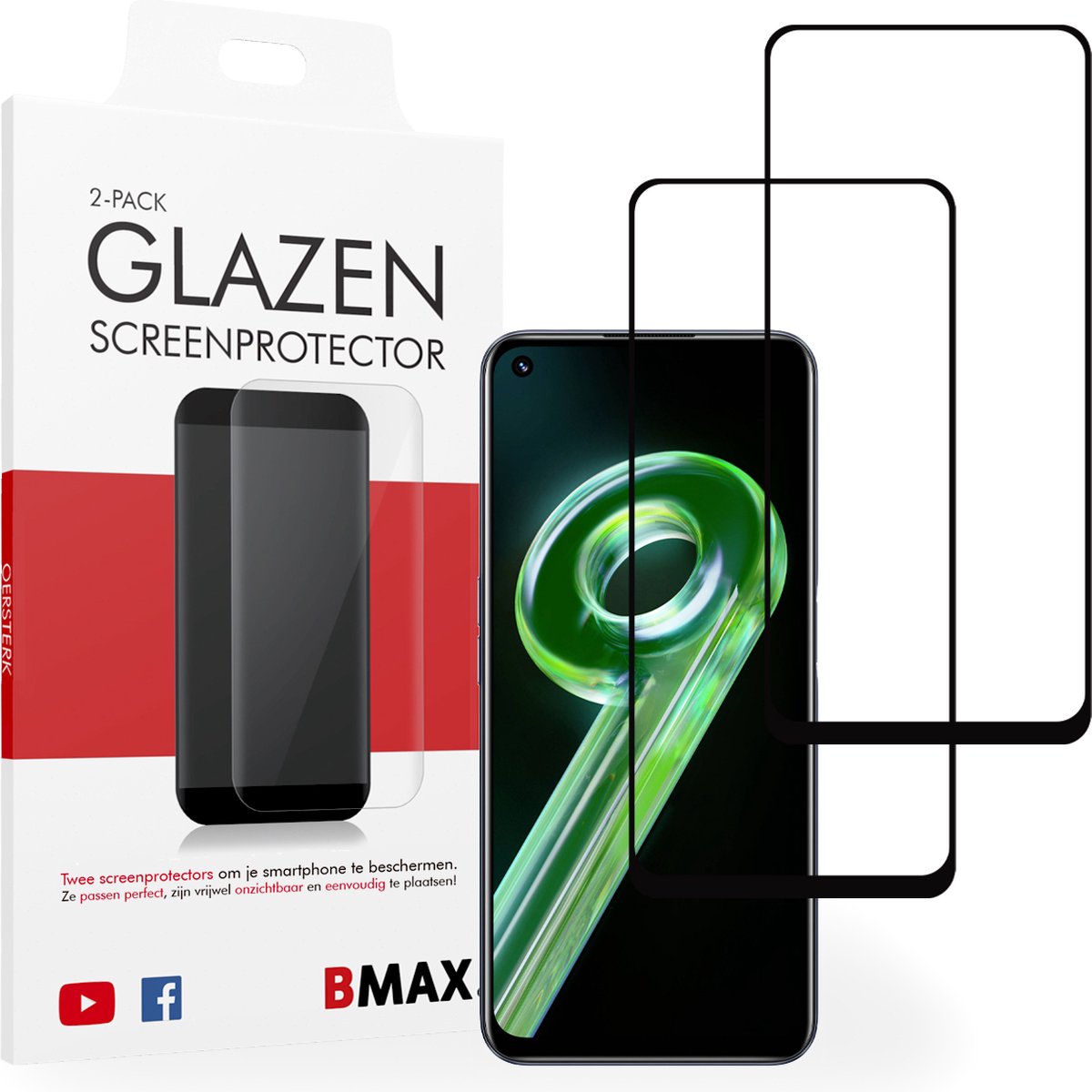 2-pack BMAX geschikt voor Realme 9 5G Screenprotector - Full Cover - Gehard glas - Tempered glas - Realme screenprotectors 2 stuks - Telefoonglaasje - Beschermglas - Glasplaatje - Screensaver - Screen protector - Case friendly - Zwart