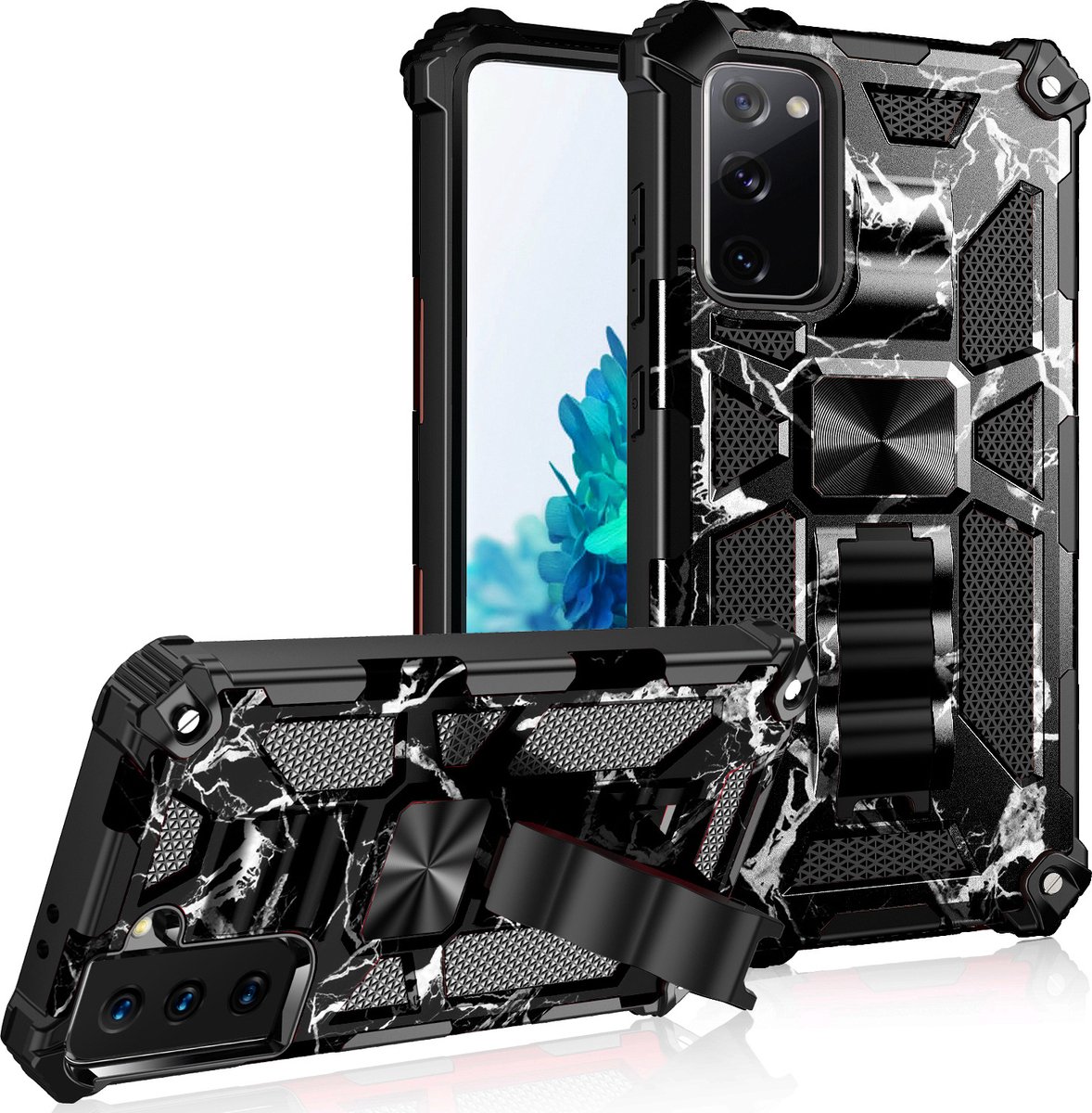 Hoesje Geschikt Voor Samsung Galaxy S20 FE hoesje rugged extreme backcover met ring houder Camouflage Marmer - Zwart