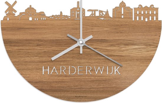 Skyline Klok Harderwijk Eikenhout - Ø 40 cm - Stil uurwerk - Wanddecoratie - Meer steden beschikbaar - Woonkamer idee - Woondecoratie - City Art - Steden kunst - Cadeau voor hem - Cadeau voor haar - Jubileum - Trouwerij - Housewarming -